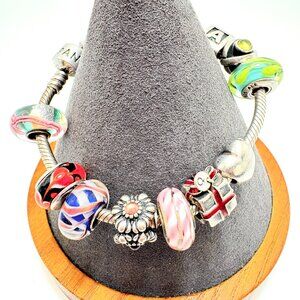 Pandora Sterling Silver 925 Charm Bracelet Mix of Sterling Slide Charms 7" L